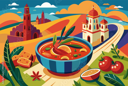 Colorful bowl of soup surrounded by ingredients and a vibrant landscape featuring distant buildings and greenery