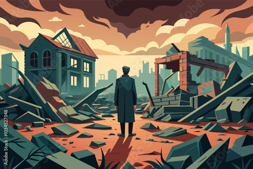 A solitary figure stands amidst the remnants of a destroyed cityscape at sunset, reflecting on the aftermath of an unseen catastrophe leaving destruction in its wake