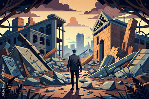 A solitary figure stands amidst the remnants of a destroyed cityscape at sunset, reflecting on the aftermath of an unseen catastrophe leaving destruction in its wake
