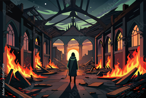 A lone figure standing amidst a burning warehouse filled with debris and destruction during a dramatic sunset, highlighting the aftermath of a catastrophic event