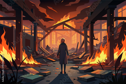 A lone figure standing amidst a burning warehouse filled with debris and destruction during a dramatic sunset, highlighting the aftermath of a catastrophic event
