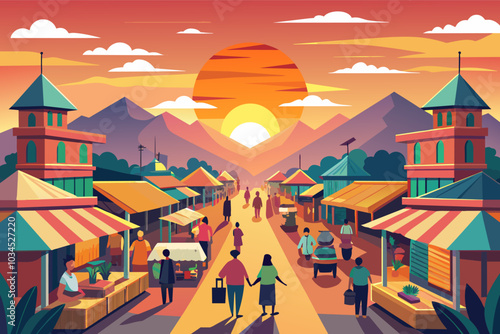 A vibrant outdoor market at sunset with couples walking and vendors selling goods amid a picturesque mountainous backdrop