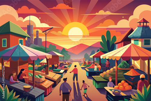 A vibrant outdoor market at sunset with couples walking and vendors selling goods amid a picturesque mountainous backdrop