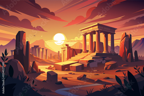 Sunset over ancient ruins in a tranquil landscape depicting classical architecture among rocks and mountains during twilight hours