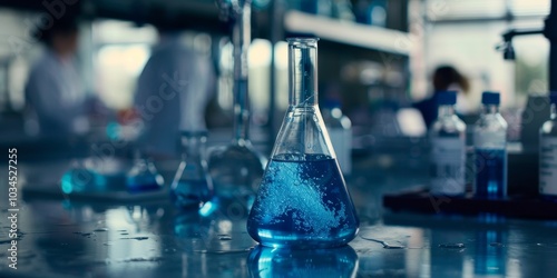 Laboratory scene with a focus on a bubbling beaker of blue liquid, with a chemist working in the background