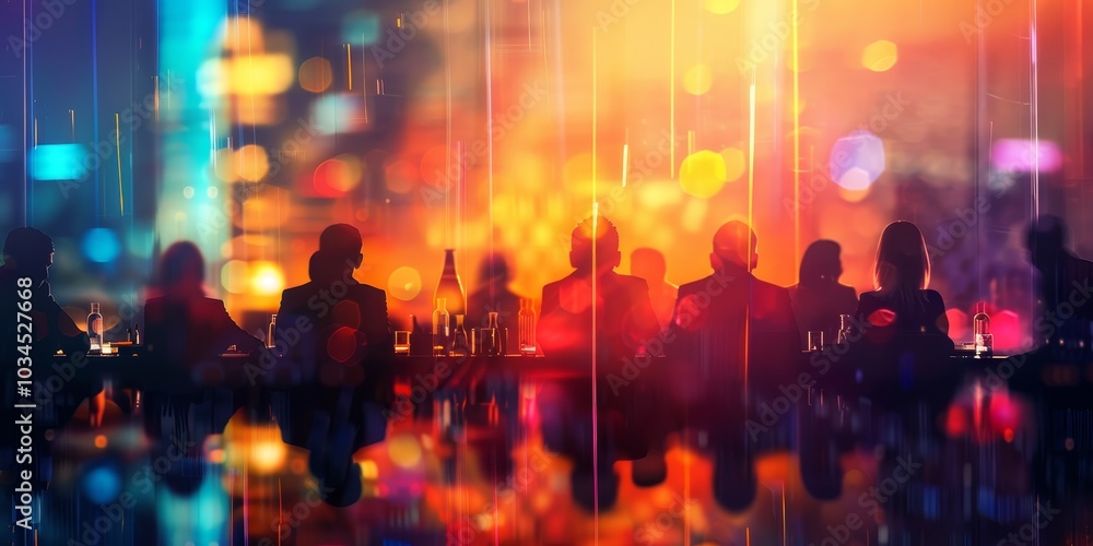 Abstract concept of a corporate meeting with blurred people and vibrant lights Abstract concept of a corporate meeting with blurred people and vibrant lights
