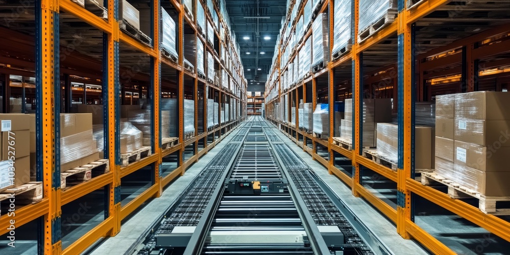 Fototapeta premium Innovative warehouse with robotic sorting lines, automated pallet movers, and advanced digital inventory systems