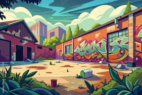Colorful urban graffiti adorns abandoned warehouse walls in a vibrant overgrown courtyard under a bright blue sky during the day