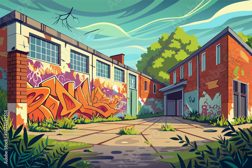 Colorful urban graffiti adorns abandoned warehouse walls in a vibrant overgrown courtyard under a bright blue sky during the day