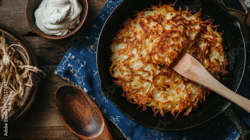 Crispy potato latkes in cast iron skillet with sour cream on blue cloth, wooden spoon, and wheat stalks for hanukkah jewish holiday photo