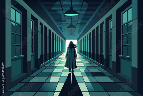 A mysterious figure walks through an eerie hallway illuminated by dim light, casting long shadows late at night in an abandoned building