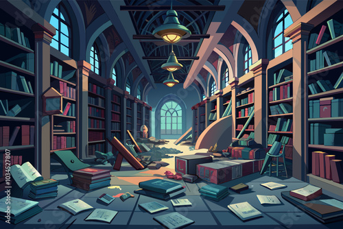 Abandoned library with overturned books and scattered debris illuminated by natural light in a quiet, atmospheric setting