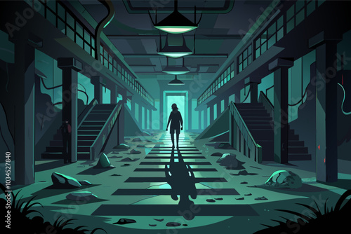 A solitary figure stands in an abandoned hallway of a derelict building, illuminated by greenish light, surrounded by debris and shadows, evoking a sense of mystery and isolation