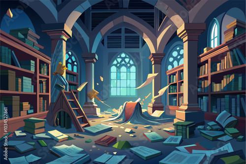Abandoned library with overturned books and scattered debris illuminated by natural light in a quiet, atmospheric setting
