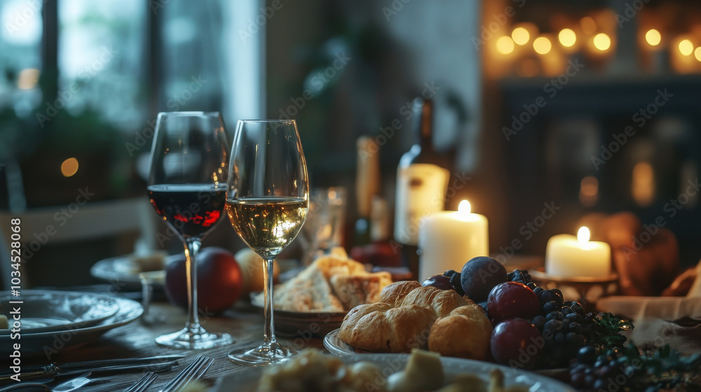 Elegant table setting with wine glasses, candles, and traditional food for hanukkah celebration, hanukkah jewish holiday Elegant table setting with wine glasses, candles, and traditional food for hanukkah celebration, hanukkah jewish holiday