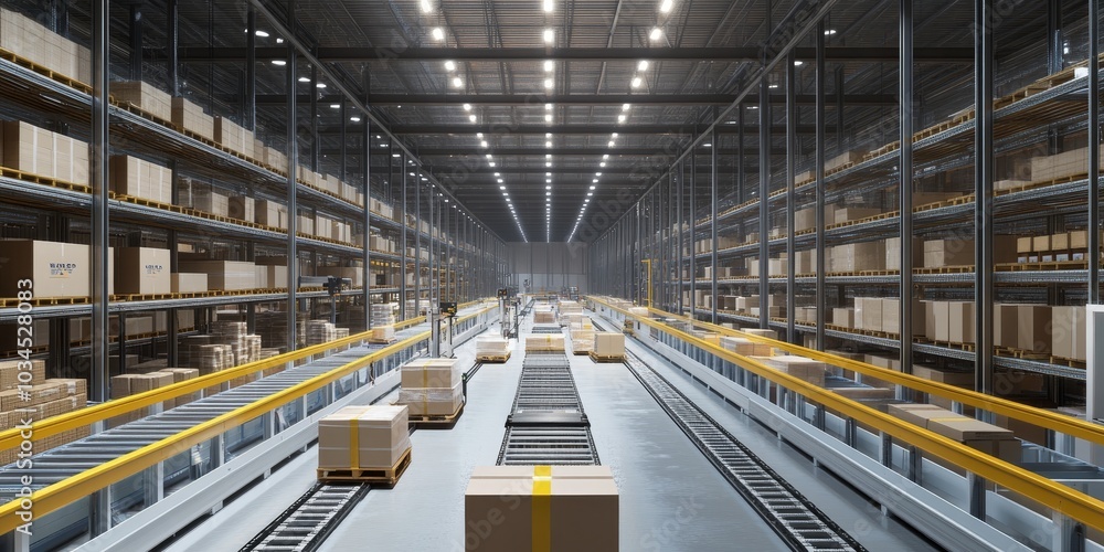 Warehouse with cutting-edge automation, robotic arms for sorting, and sleek, efficient design for optimal productivity Warehouse with cutting-edge automation, robotic arms for sorting, and sleek, efficient design for optimal productivity