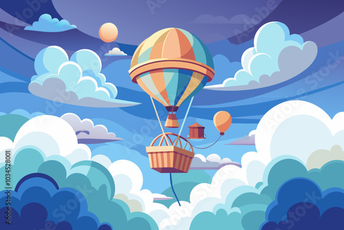 A whimsical scene of colorful hot air balloons floating among dreamy clouds over a serene landscape enriched with vibrant hues during a bright afternoon