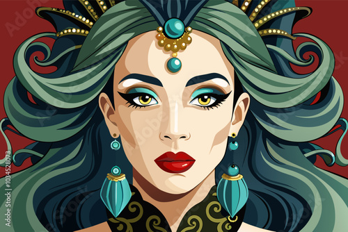 A stylized portrait of an elegant woman with green hair and striking features adorned with decorative jewelry, set against a rich red background, showcasing artistic design