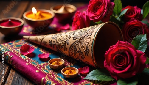 A close-up of a mehendi cone lying on an embroidered silk cloth surrounded by vibrant rose petals, candles, turmeric, and sindoor photo