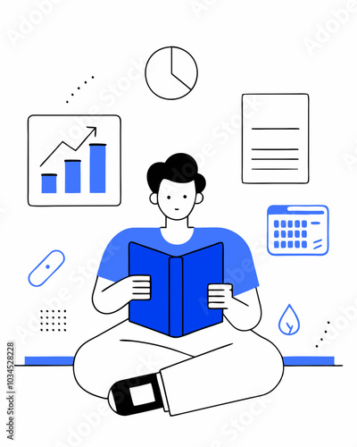 A person studies a math graph using a book with documents and receipts nearby. Ideal for education, finance, analysis, research, and organization themes. Modern minimalistic style
