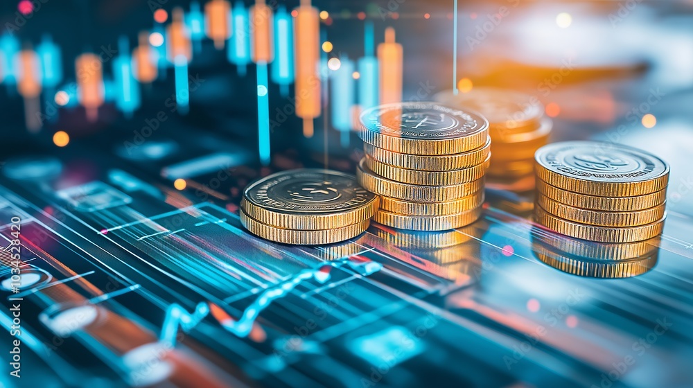 Gold coins stacked on a digital chart Gold coins stacked on a digital chart