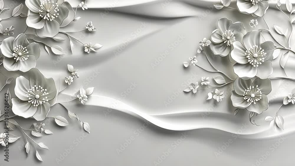 White flowers and leaves on a textured gray background White flowers and leaves on a textured gray background