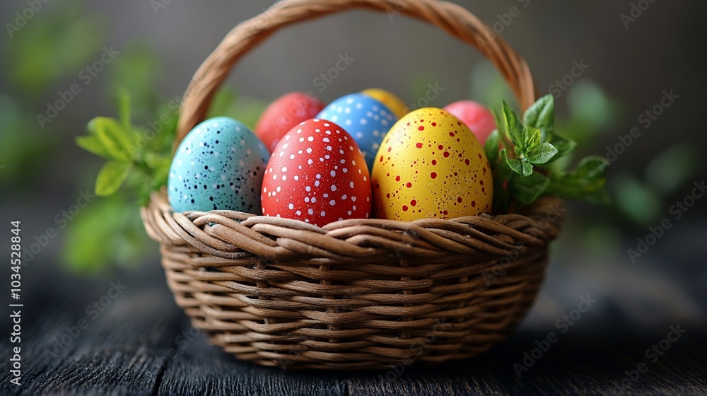 A wicker basket filled with colorful Easter eggs, decorated with dots, sits on a wooden surface with sprigs of green foliage. A wicker basket filled with colorful Easter eggs, decorated with dots, sits on a wooden surface with sprigs of green foliage.