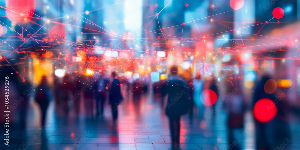 Obraz premium Blurred image of a city with neon lines connecting people and devices, representing digital communication and connected network