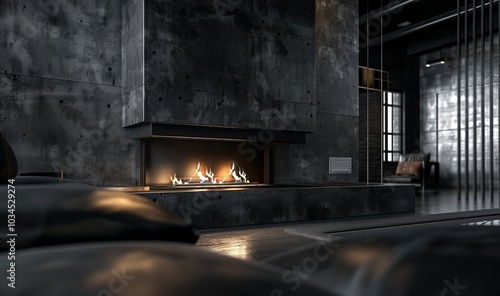 A dark industrial-style loft living room featuring a cozy fireplace, sleek contemporary furniture