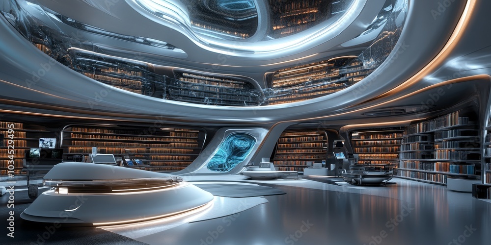 Futuristic virtual library with biometric scanners, holographic interfaces, and sleek, ultra-modern design Futuristic virtual library with biometric scanners, holographic interfaces, and sleek, ultra-modern design