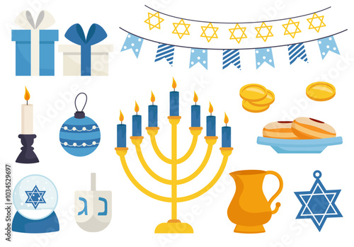 Happy Hanukkah icon set in flat style. Vector collection of festive symbols and decorations. Isolated on white background
