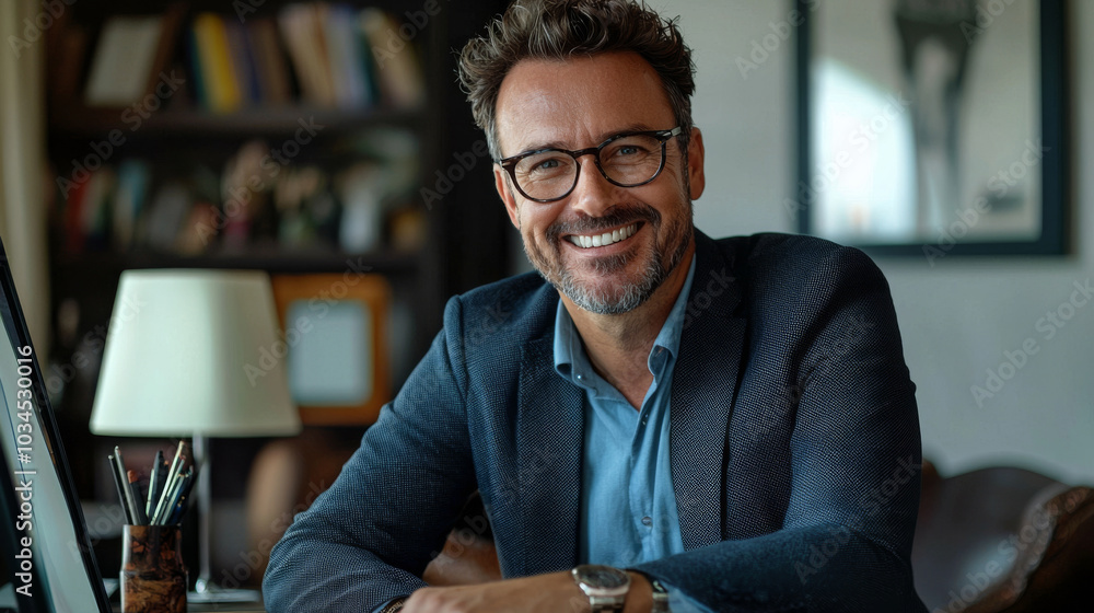 Confident business professional with glasses in modern office setting Confident business professional with glasses in modern office setting