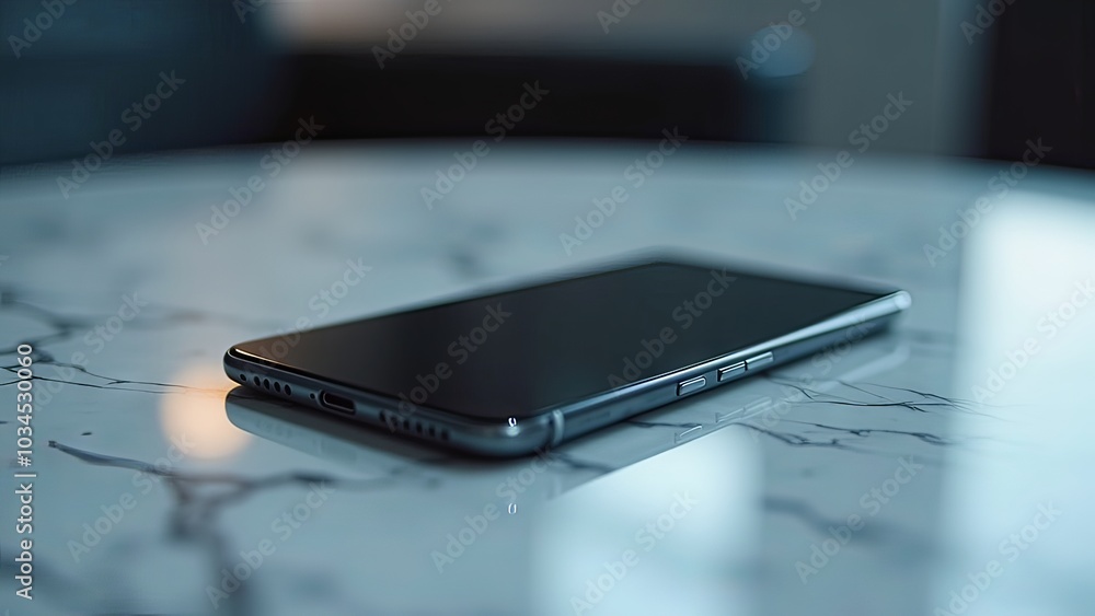 Generative, AI, A modern smartphone on a white marble surface, showcasing sleek design and advanced technology with soft lighting. Generative, AI, A modern smartphone on a white marble surface, showcasing sleek design and advanced technology with soft lighting.