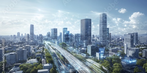 Futuristic cityscape with lines linking various smart devices and buildings, representing a connected smart city