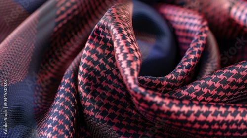 A timeless fashion accessory such as a silk scarf adorned with a subtle houndstooth design in rich shades of burgundy and navy.