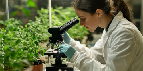 Scientist using a microscope to study plant epigenetic modifications, with DNA methylation markers and lab equipment photo