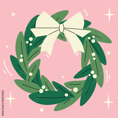 Merry Christmas with berry wreath. Winter xmas wreath. Christmas pine fluffy wreath with bow.Holiday fir tree garland. Festive winter season frame, vector spruce branches. Transparent background