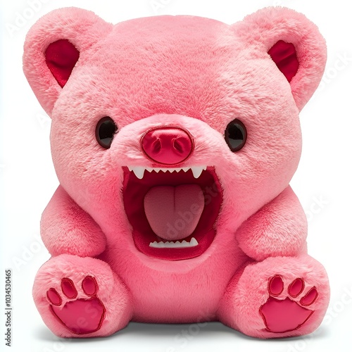 Pink plush bear with a wide open mouth, showing off its teeth.