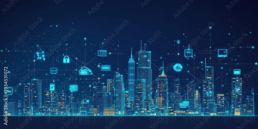 Digital cityscape with lines and icons linking smart devices and buildings, illustrating IoT network and tech communication Digital cityscape with lines and icons linking smart devices and buildings, illustrating IoT network and tech communication