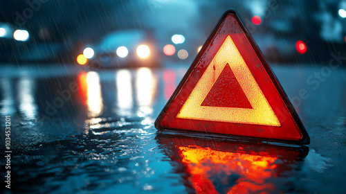 Emergency and hazard triangle sign on rainy road, night time with bokeh car lights in background