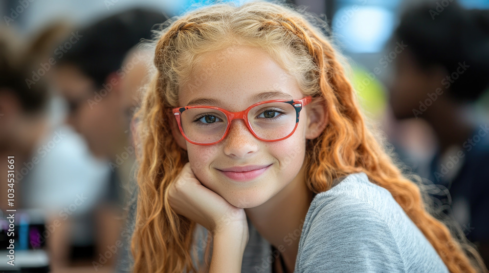 A young girl with curly red hair and glasses smiles while resting her chin on her hand in a lively classroom environment A young girl with curly red hair and glasses smiles while resting her chin on her hand in a lively classroom environment