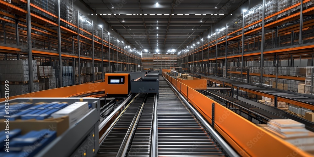 Warehouse with automated conveyors, high-speed sorting robots, and digital inventory management screens Warehouse with automated conveyors, high-speed sorting robots, and digital inventory management screens