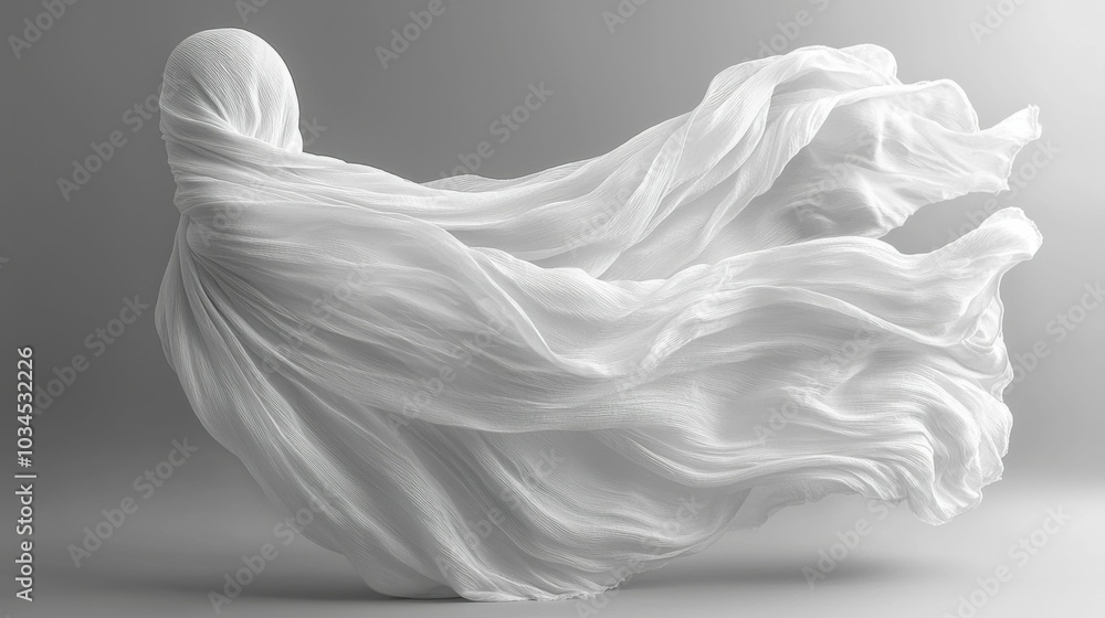 A striking display of flowing white fabric, creating a sense of motion and grace, showcasing beautiful folds against a soft grey background. A striking display of flowing white fabric, creating a sense of motion and grace, showcasing beautiful folds against a soft grey background.