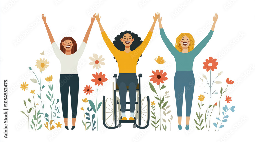Women express joy together in a vibrant garden, symbolizing empowerment and support, while embracing diversity and inclusivity Women express joy together in a vibrant garden, symbolizing empowerment and support, while embracing diversity and inclusivity