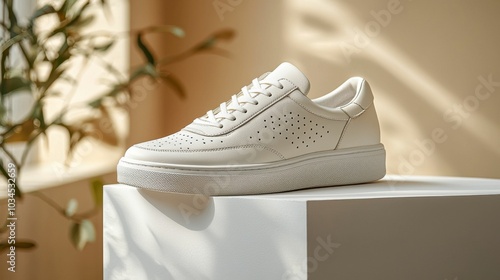 A pair of stylish white sneakers showcased on a pedestal in a soft-lit room, conveying a modern and minimalist feel. photo