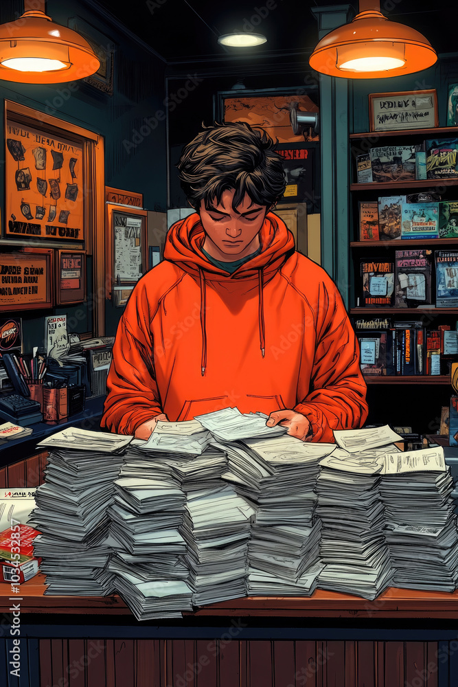 A young individual in an orange hoodie organizes a mountain of papers at a counter in a warm, inviting bookstore A young individual in an orange hoodie organizes a mountain of papers at a counter in a warm, inviting bookstore