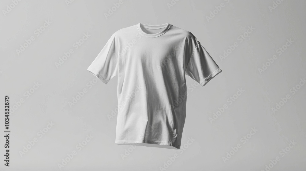 A realistic mockup of a white t-shirt floating against a neutral background, showcasing its design and fabric texture suitable for various branding applications. A realistic mockup of a white t-shirt floating against a neutral background, showcasing its design and fabric texture suitable for various branding applications.