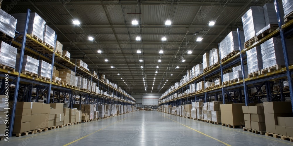 Fototapeta premium Sustainable warehouse with energy-efficient lighting, green materials, and automated systems for eco-friendly operations