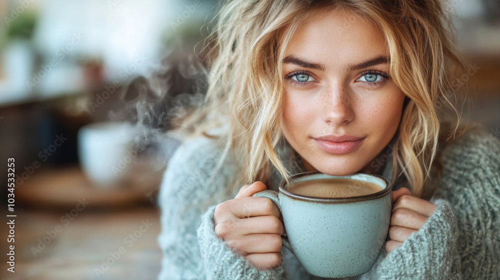 A young woman sits comfortably in a café, holding a warm mug of coffee close to her face, enjoying the cozy atmosphere in the morning A young woman sits comfortably in a café, holding a warm mug of coffee close to her face, enjoying the cozy atmosphere in the morning