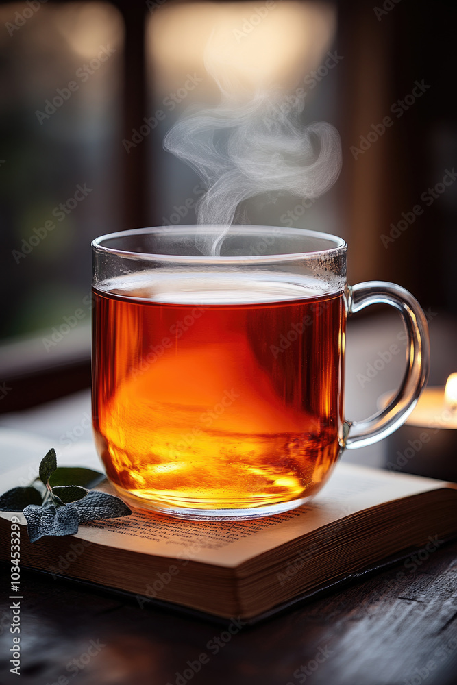 A mug of steaming herbal tea sits on an open book, with a candle casting a warm glow in a tranquil evening atmosphere A mug of steaming herbal tea sits on an open book, with a candle casting a warm glow in a tranquil evening atmosphere